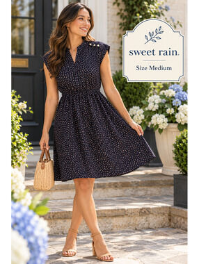 Sweet Rain | M | Navy Triangle Print Cap Sleeve Button Shoulder Dress